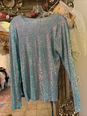 Free People Turquoise Blue Sequin Top New Large